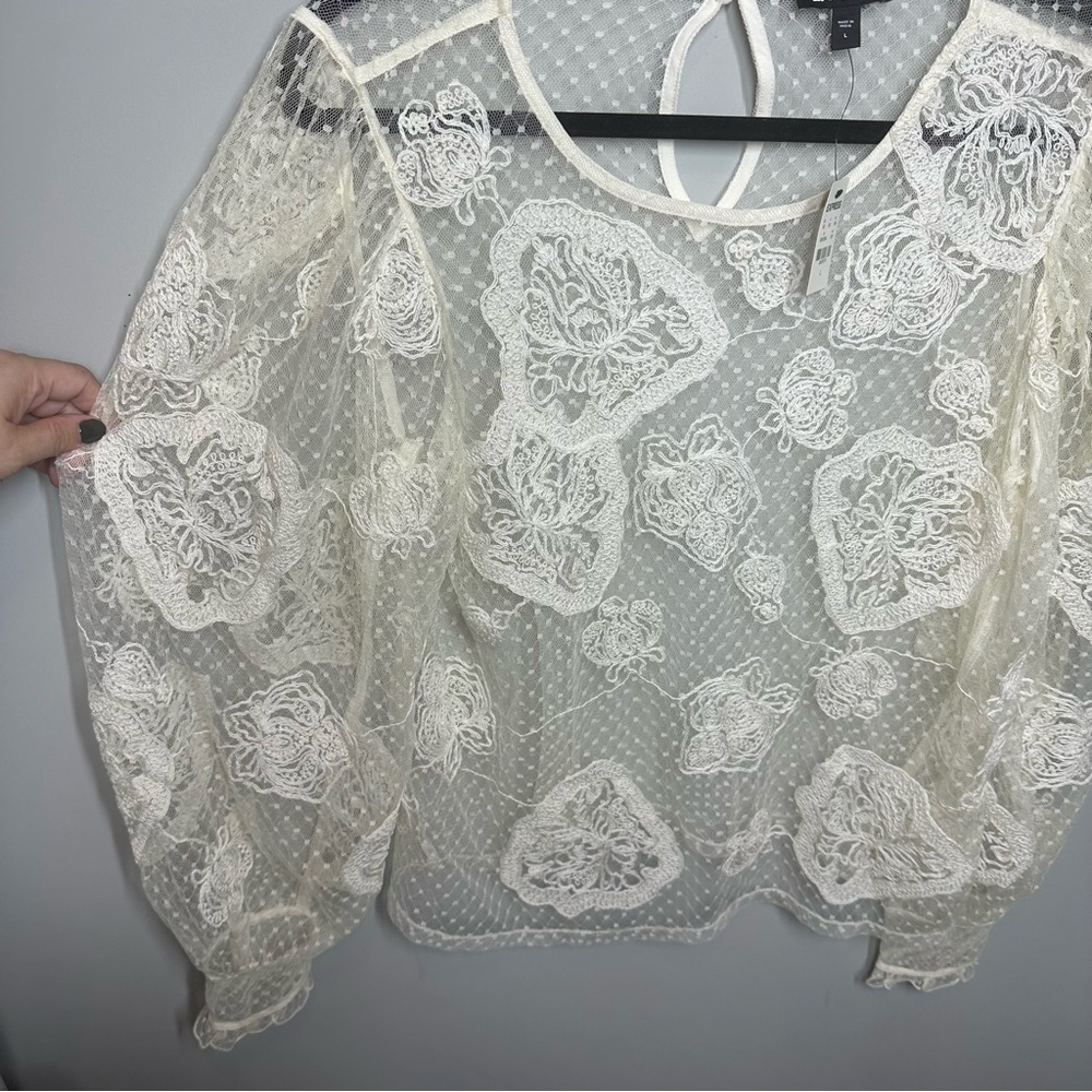 Express Lace Embroidered Mesh Long Sleeve Top White - Picture 2 of 4